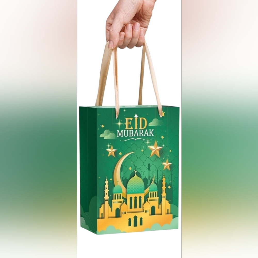 💰Eid Mubarak Gift Treat Bags Tissue & Handles for Ramadan Kareem Green 16 Pack